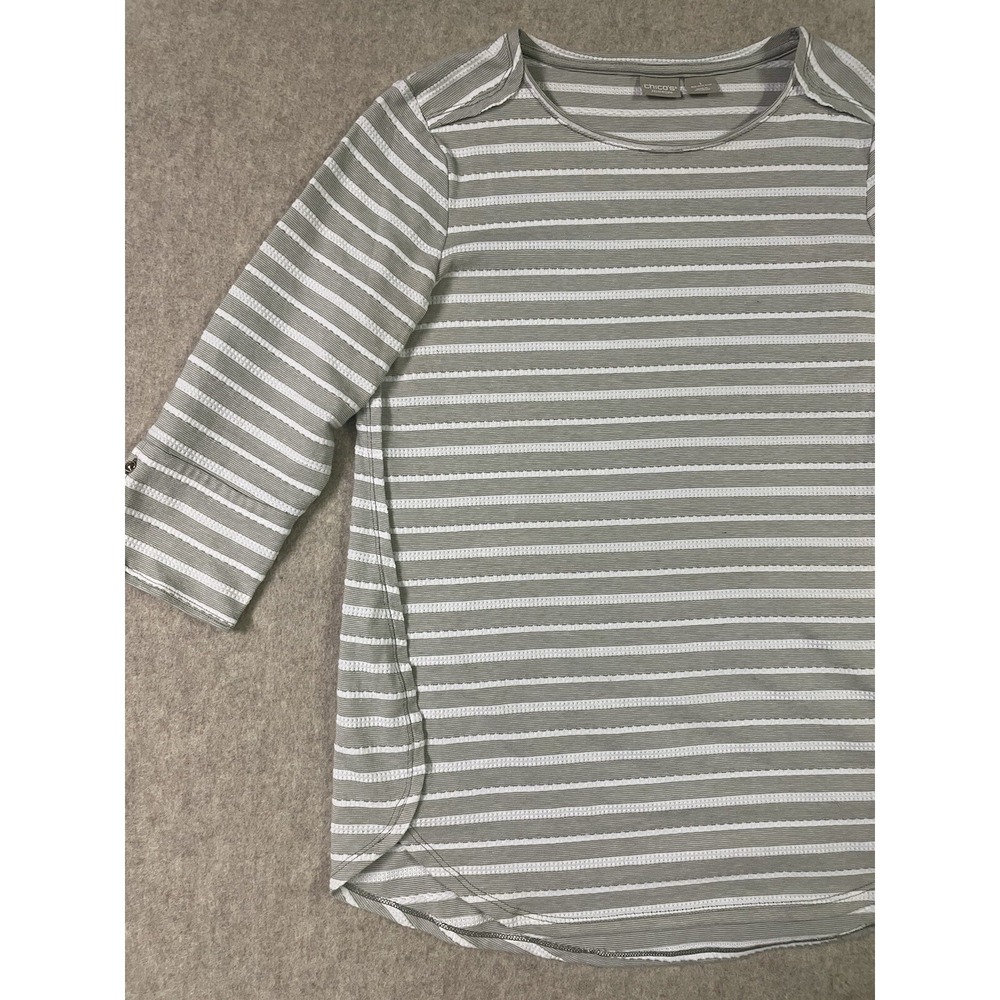 Zenergy by Chicos Grey & White Striped 3/4 Sleeve top Size 1XTunic Casual Comfy - Picture 10 of 12